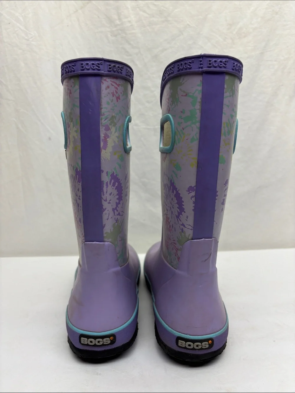 Bogs Purple Floral Kids Rain Boots with Mint Trim, SZ 4 big girl 2(BA)